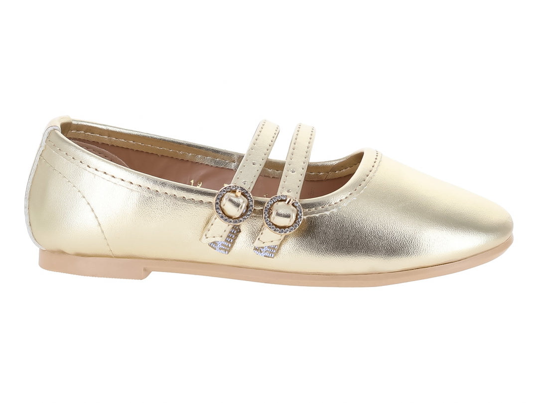 Ballerinas color oro con acabado brillante y dos correas con hebillas decorativas.