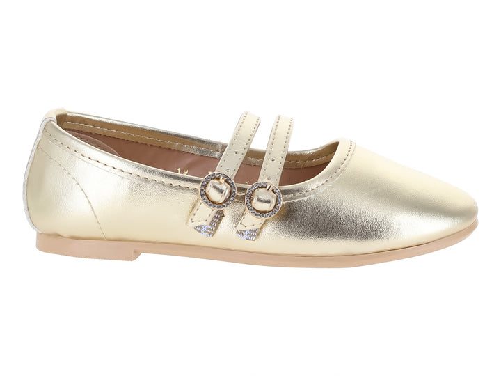 Ballerinas color oro con acabado brillante y dos correas con hebillas decorativas.
