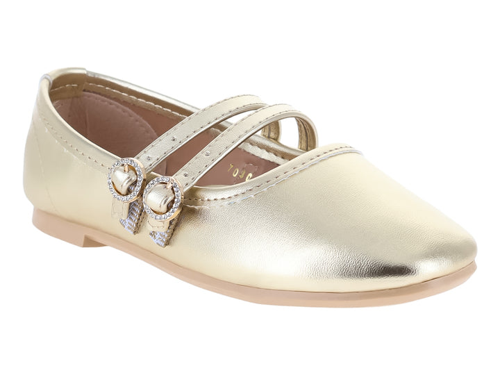 Ballerinas color oro con acabado brillante y dos correas con hebillas decorativas.