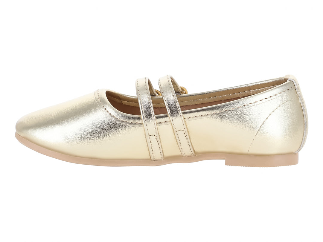 Ballerinas color oro con acabado brillante y dos correas con hebillas decorativas.