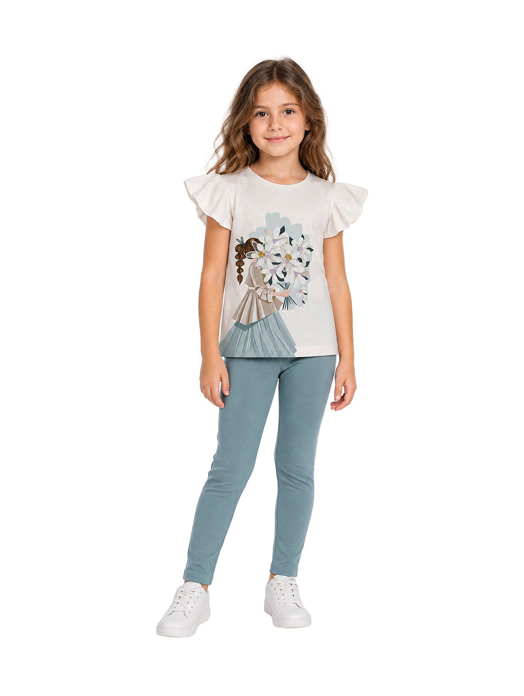 Conjunto Mayoral para niña compuesto por camiseta blanca con estampado floral y leggings color menta.