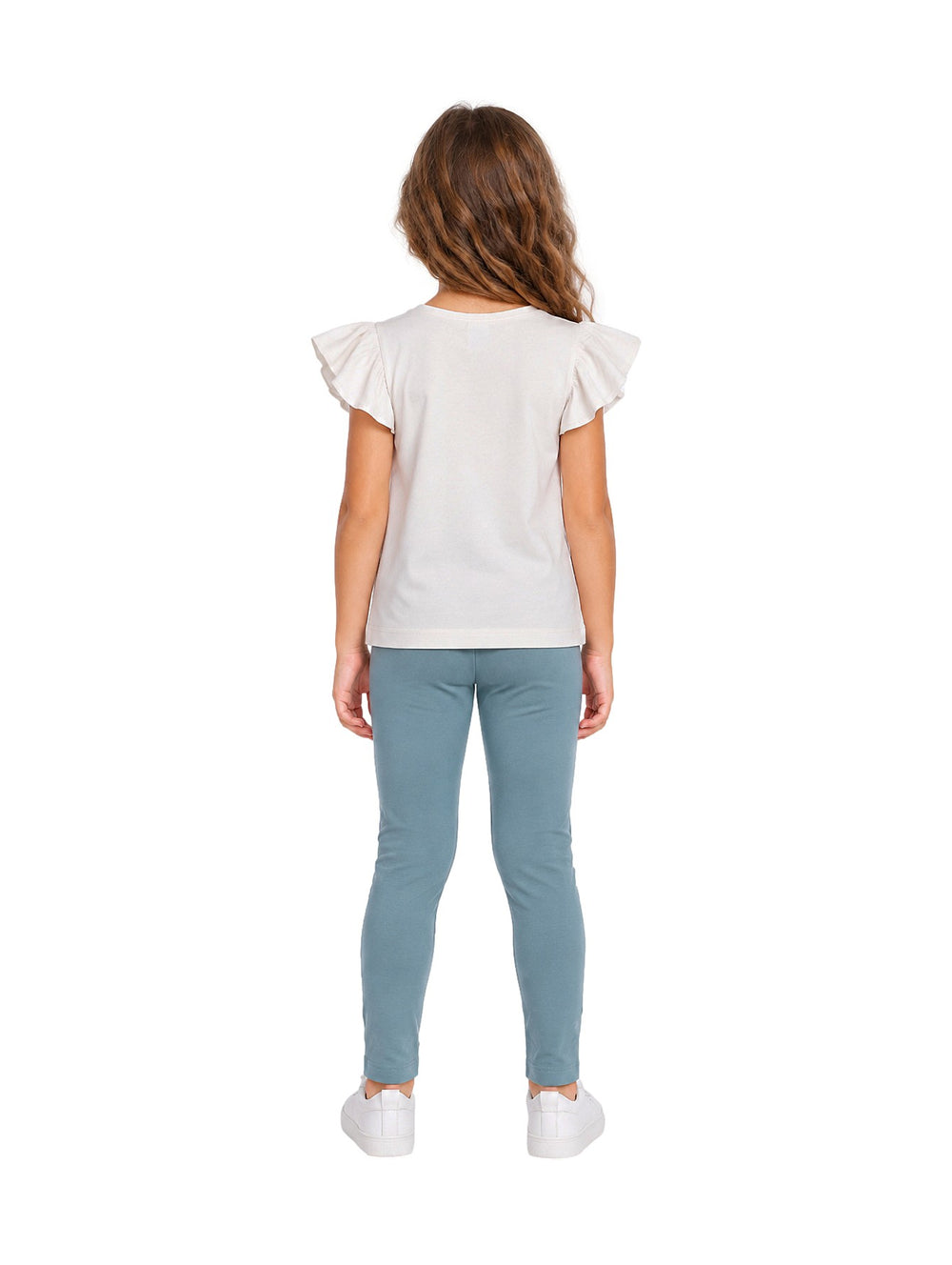 Conjunto Mayoral para niña compuesto por camiseta blanca con estampado floral y leggings color menta.
