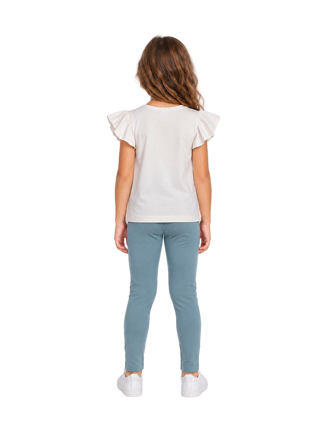 Conjunto Mayoral para niña compuesto por camiseta blanca con estampado floral y leggings color menta.