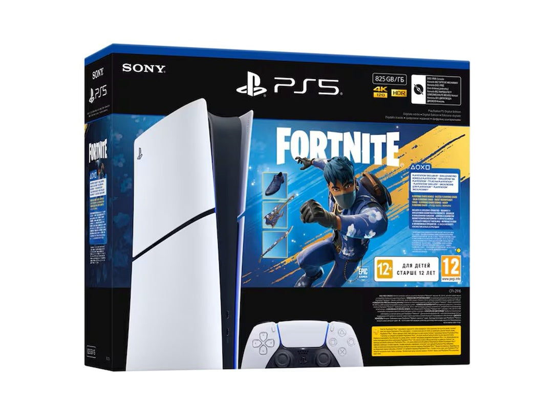 Consola Sony PlayStation 5 edición Fortnite en color blanco con su control inalámbrico y empaque original.