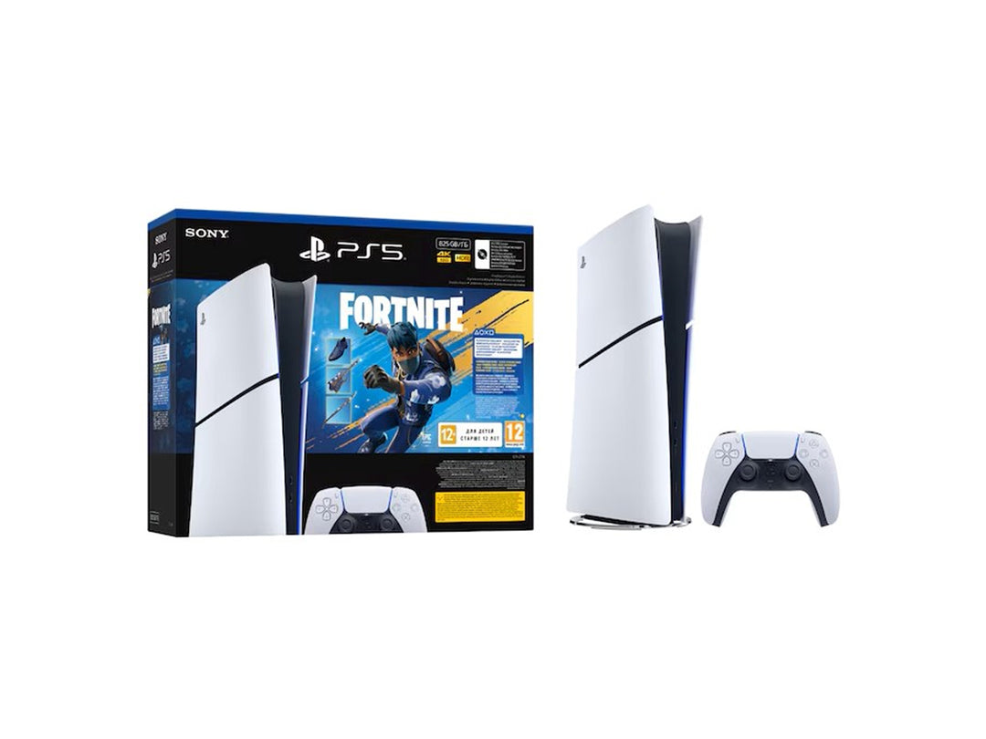 Consola Sony PlayStation 5 edición Fortnite en color blanco con su control inalámbrico y empaque original.