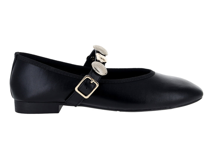 Zapatos planos tipo ballerinas color negro con hebilla y adornos brillantes en la parte superior.