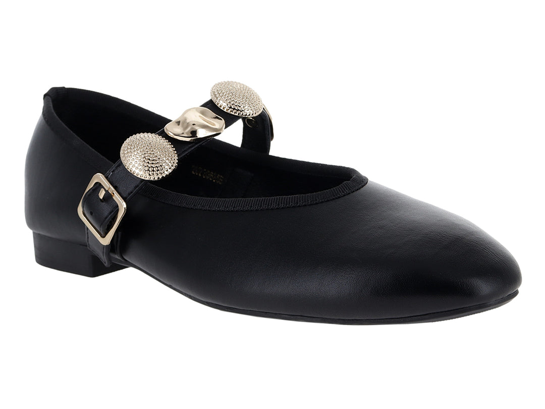 Zapatos planos tipo ballerinas color negro con hebilla y adornos brillantes en la parte superior.