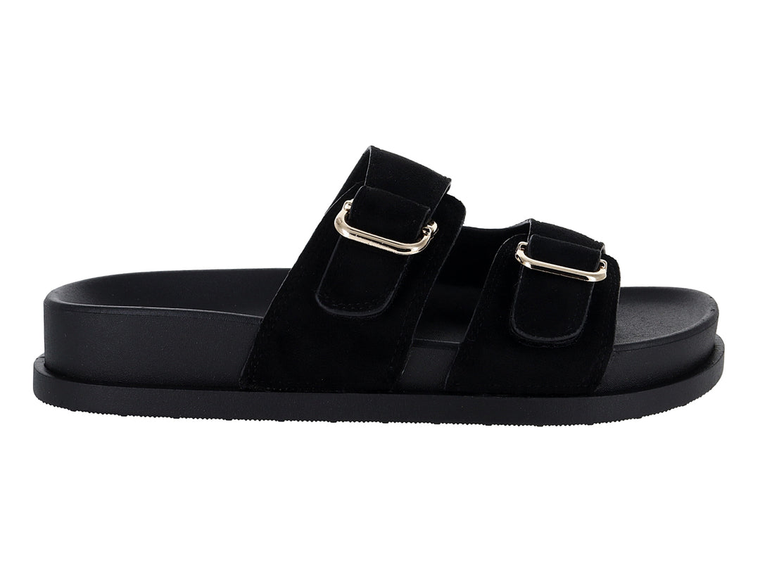 Sandalias negras de plataforma con dos correas y hebillas doradas.