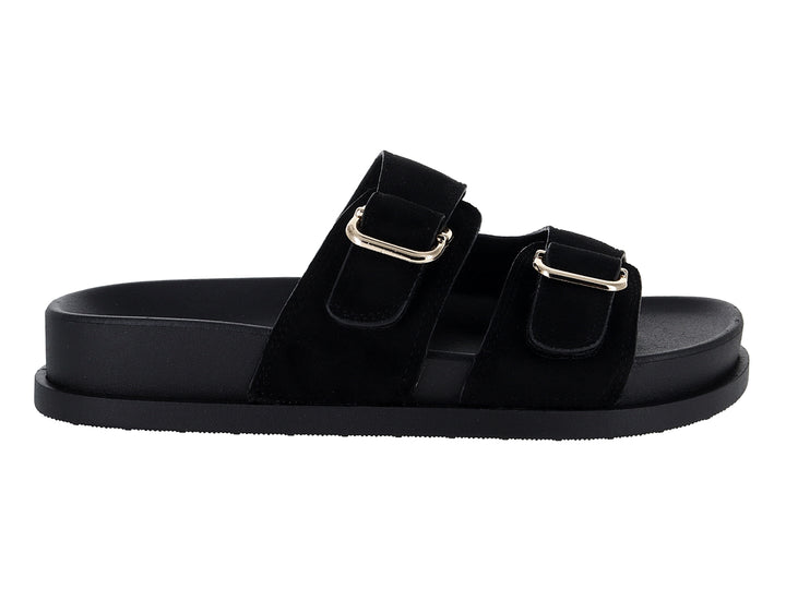 Sandalias negras de plataforma con dos correas y hebillas doradas.