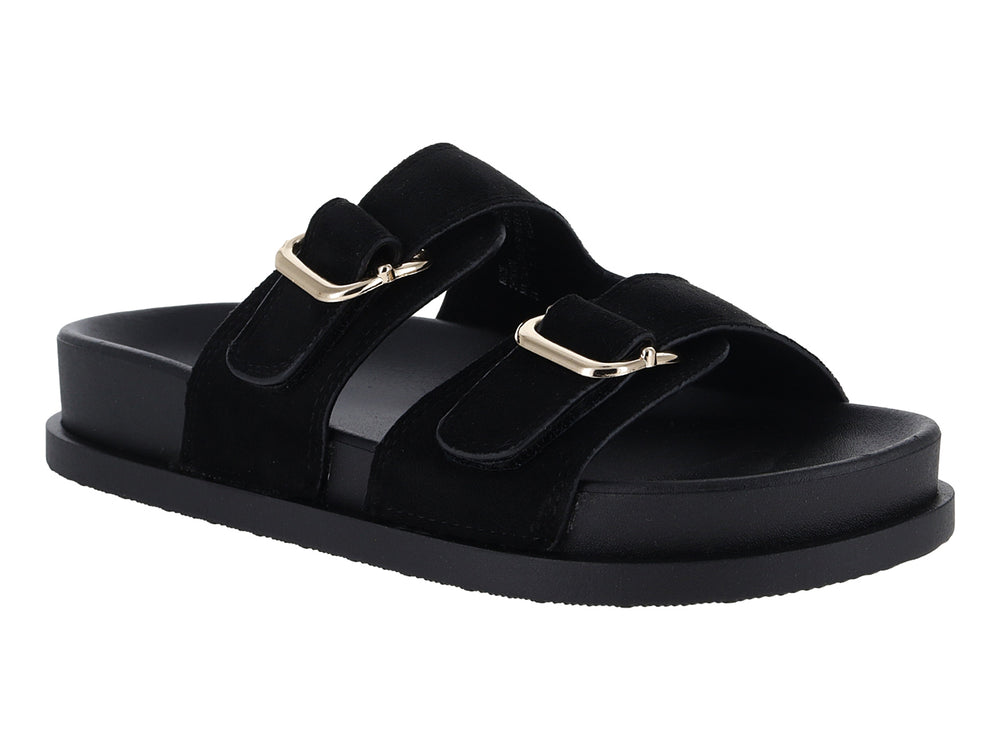 Sandalias negras de plataforma con dos correas y hebillas doradas.