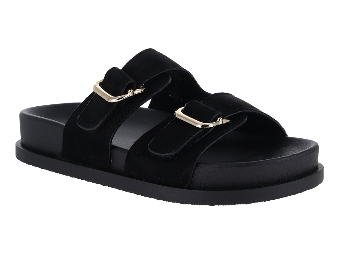Sandalias negras de plataforma con dos correas y hebillas doradas.