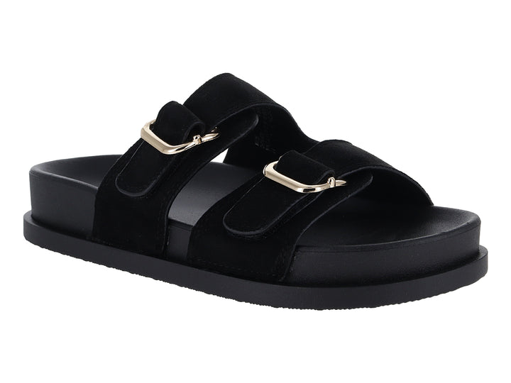 Sandalias negras de plataforma con dos correas y hebillas doradas.