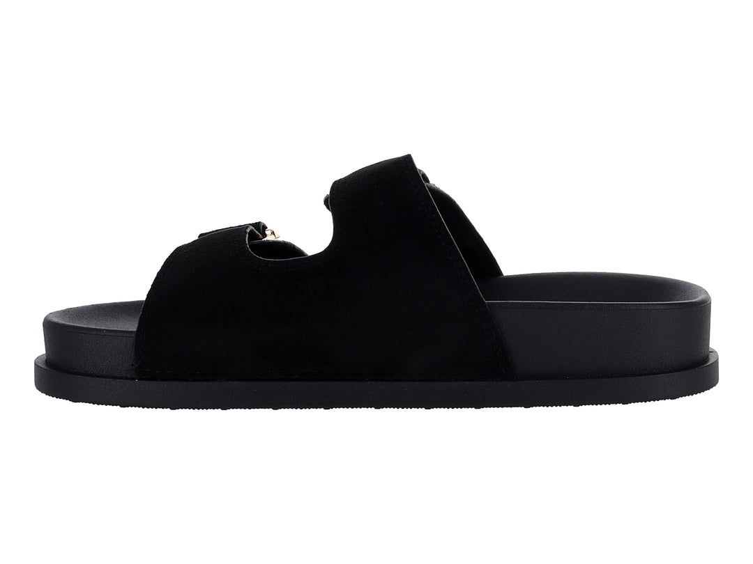 Sandalias negras de plataforma con dos correas y hebillas doradas.