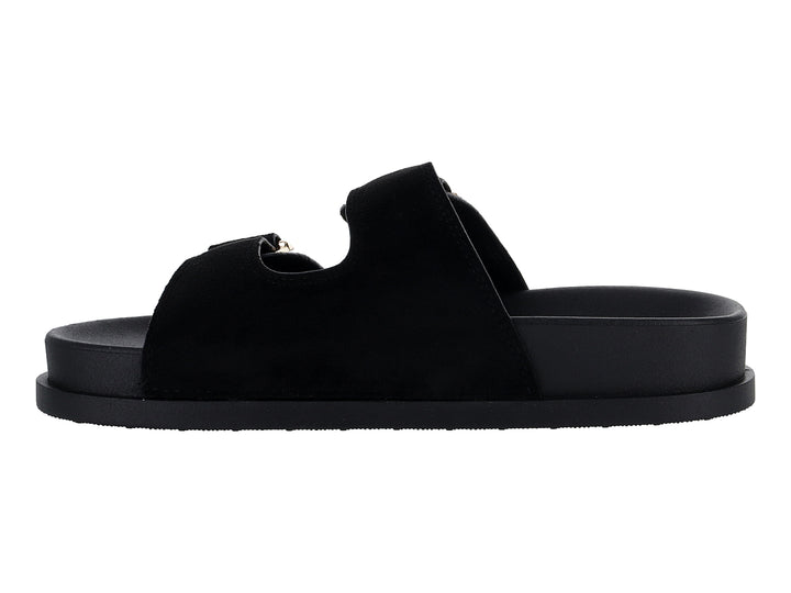 Sandalias negras de plataforma con dos correas y hebillas doradas.