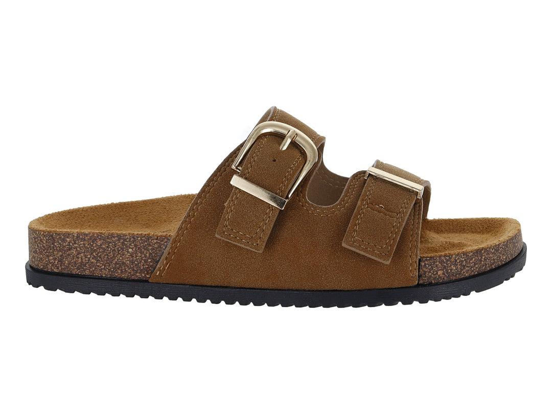 Sandalias color camel con dos correas y hebillas doradas, plantilla de corcho y suela negra.