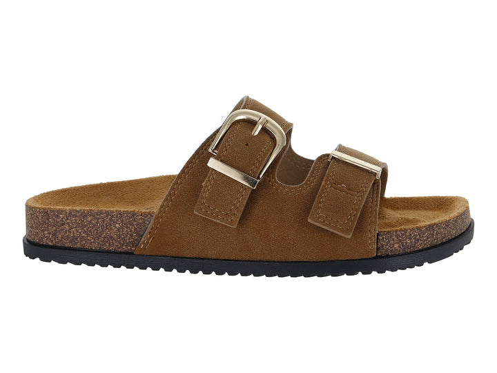 Sandalias color camel con dos correas y hebillas doradas, plantilla de corcho y suela negra.