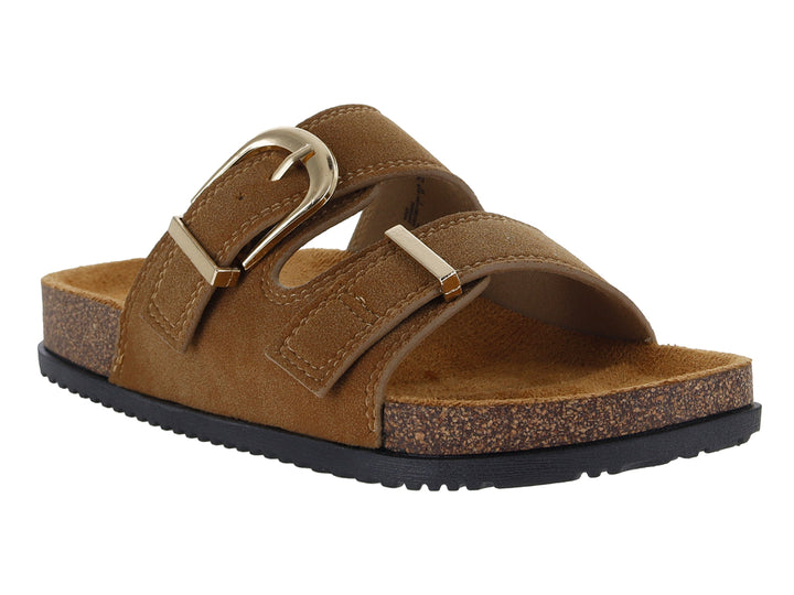 Sandalias color camel con dos correas y hebillas doradas, plantilla de corcho y suela negra.