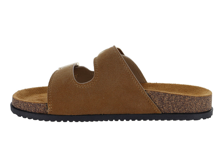Sandalias color camel con dos correas y hebillas doradas, plantilla de corcho y suela negra.