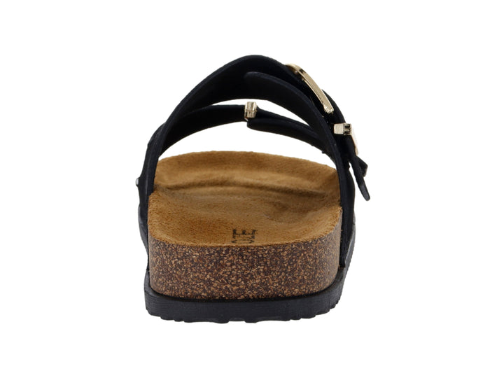 Sandalia negra ROZE con dos correas, hebillas doradas y suela de corcho.