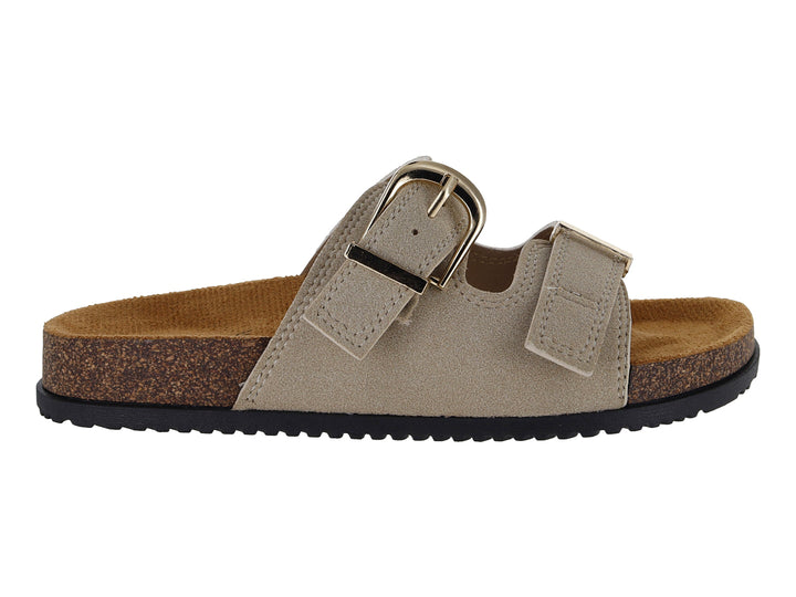 Sandalia Roze color beige con suela de corcho y hebilla dorada.