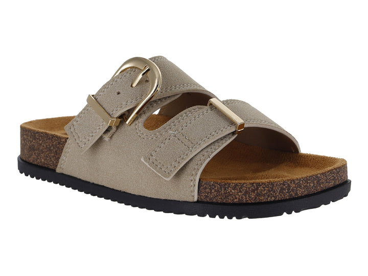Sandalia Roze color beige con suela de corcho y hebilla dorada.