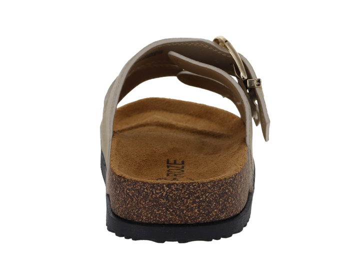 Sandalia Roze color beige con suela de corcho y hebilla dorada.