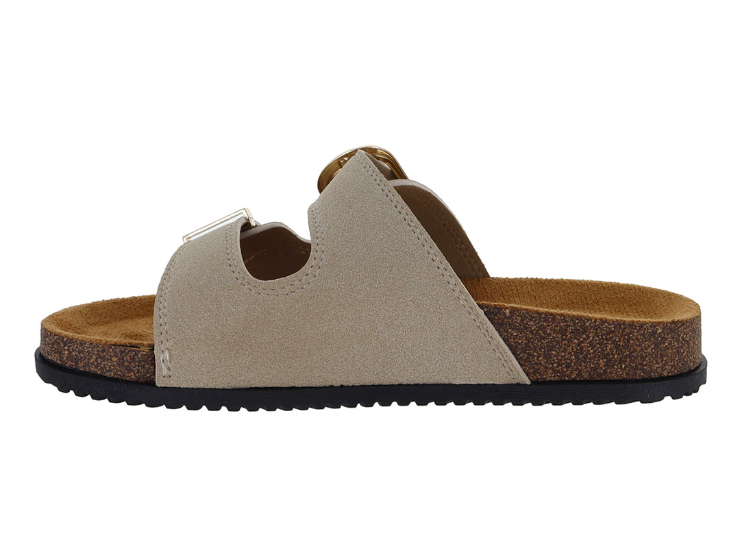 Sandalia Roze color beige con suela de corcho y hebilla dorada.