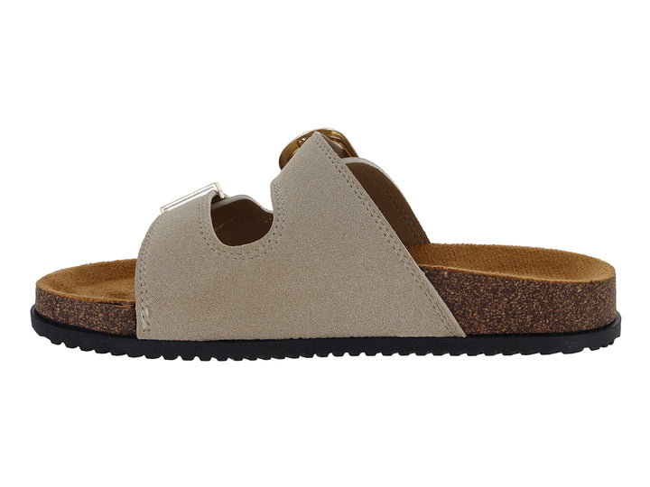 Sandalia Roze color beige con suela de corcho y hebilla dorada.