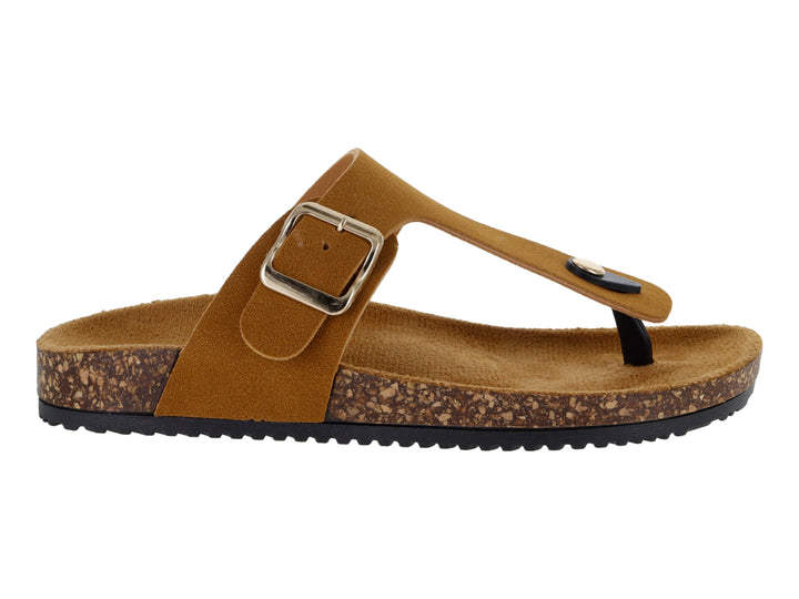 Sandalias color camel con suela de corcho y correa ajustable con hebilla dorada.