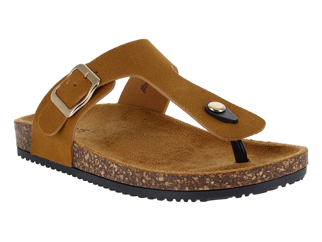 Sandalias color camel con suela de corcho y correa ajustable con hebilla dorada.