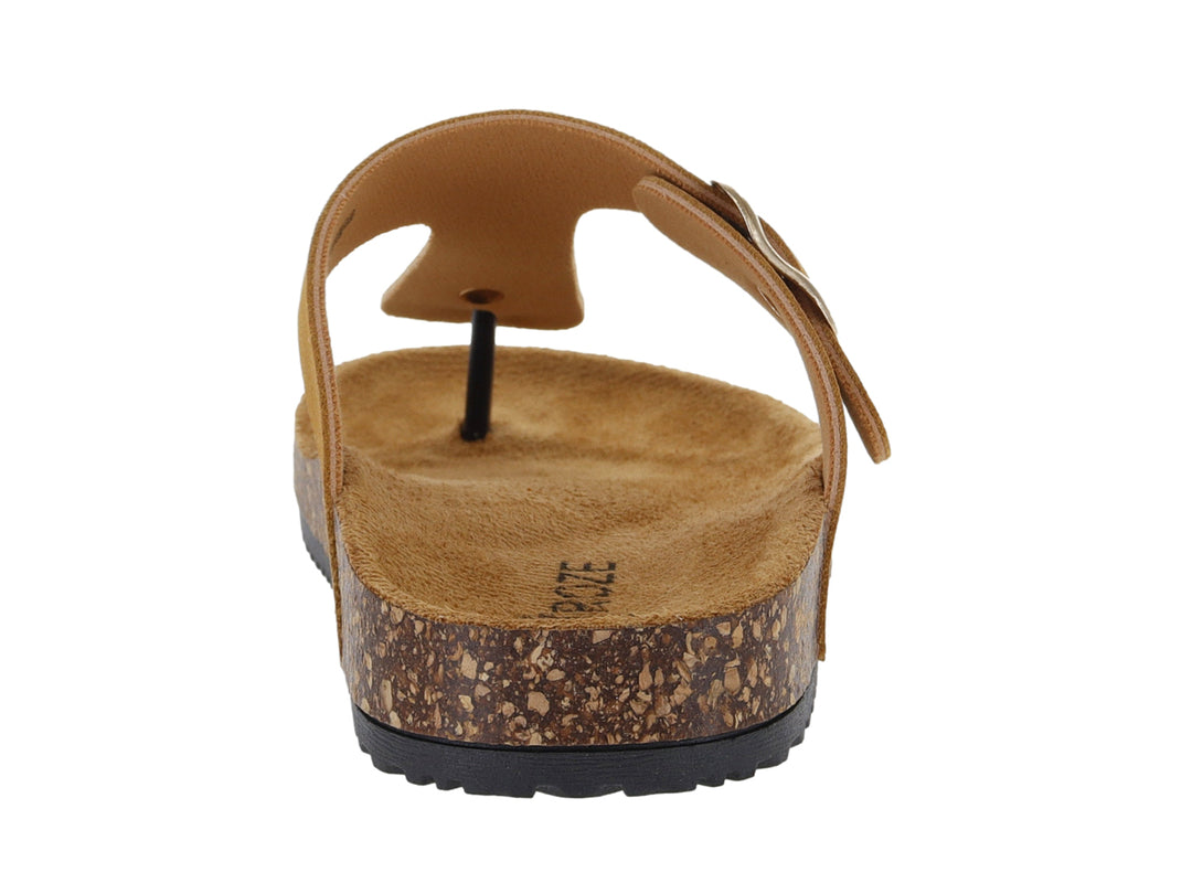 Sandalias color camel con suela de corcho y correa ajustable con hebilla dorada.