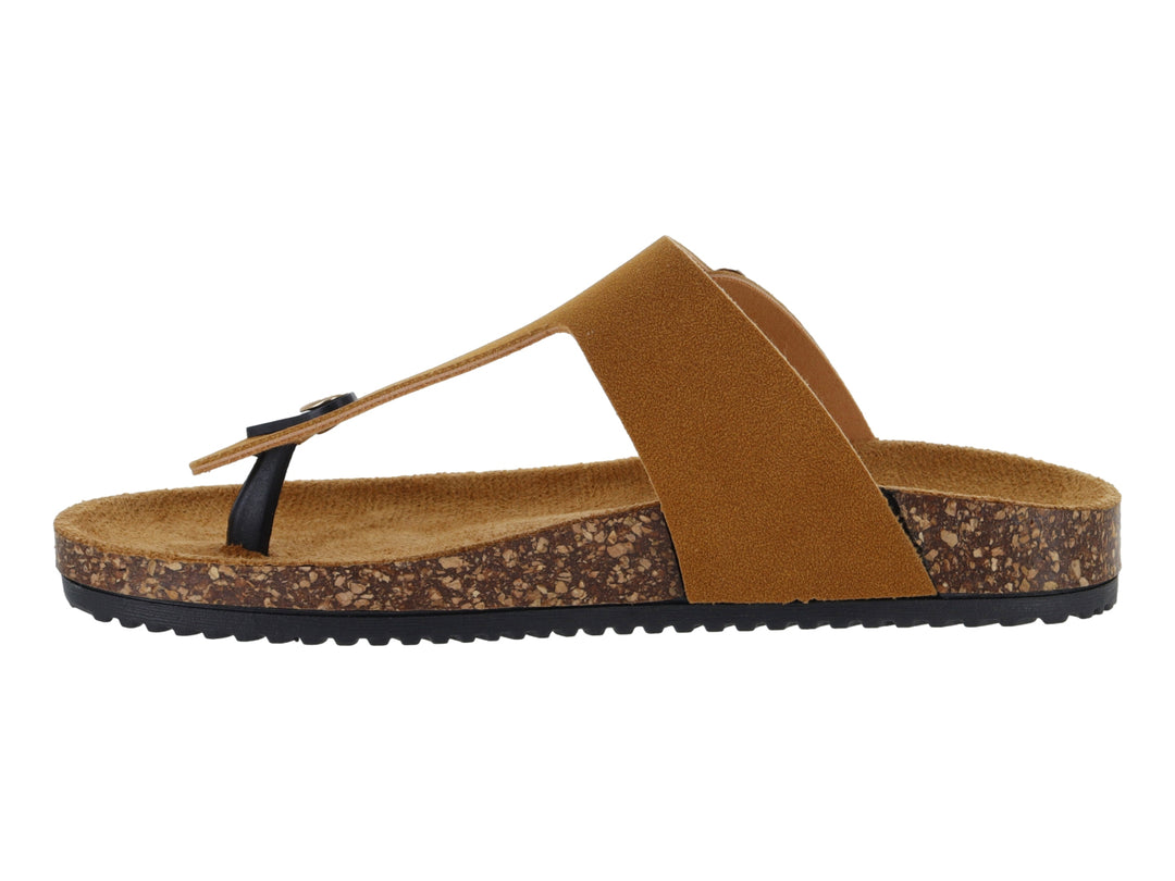 Sandalias color camel con suela de corcho y correa ajustable con hebilla dorada.