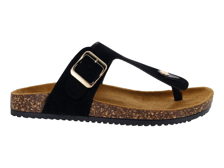 Sandalias negras de dedo con suela de corcho y hebilla dorada.