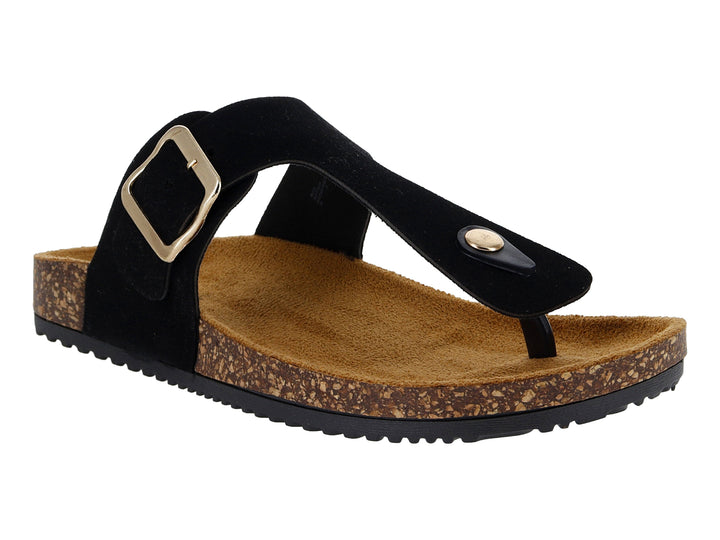 Sandalias negras de dedo con suela de corcho y hebilla dorada.