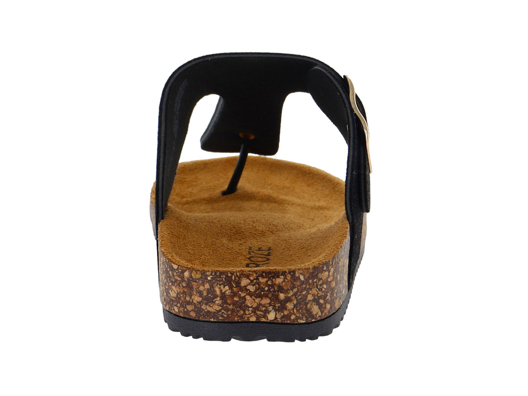 Sandalias negras de dedo con suela de corcho y hebilla dorada.