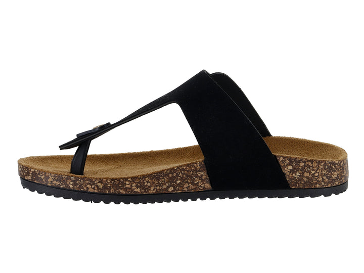 Sandalias negras de dedo con suela de corcho y hebilla dorada.