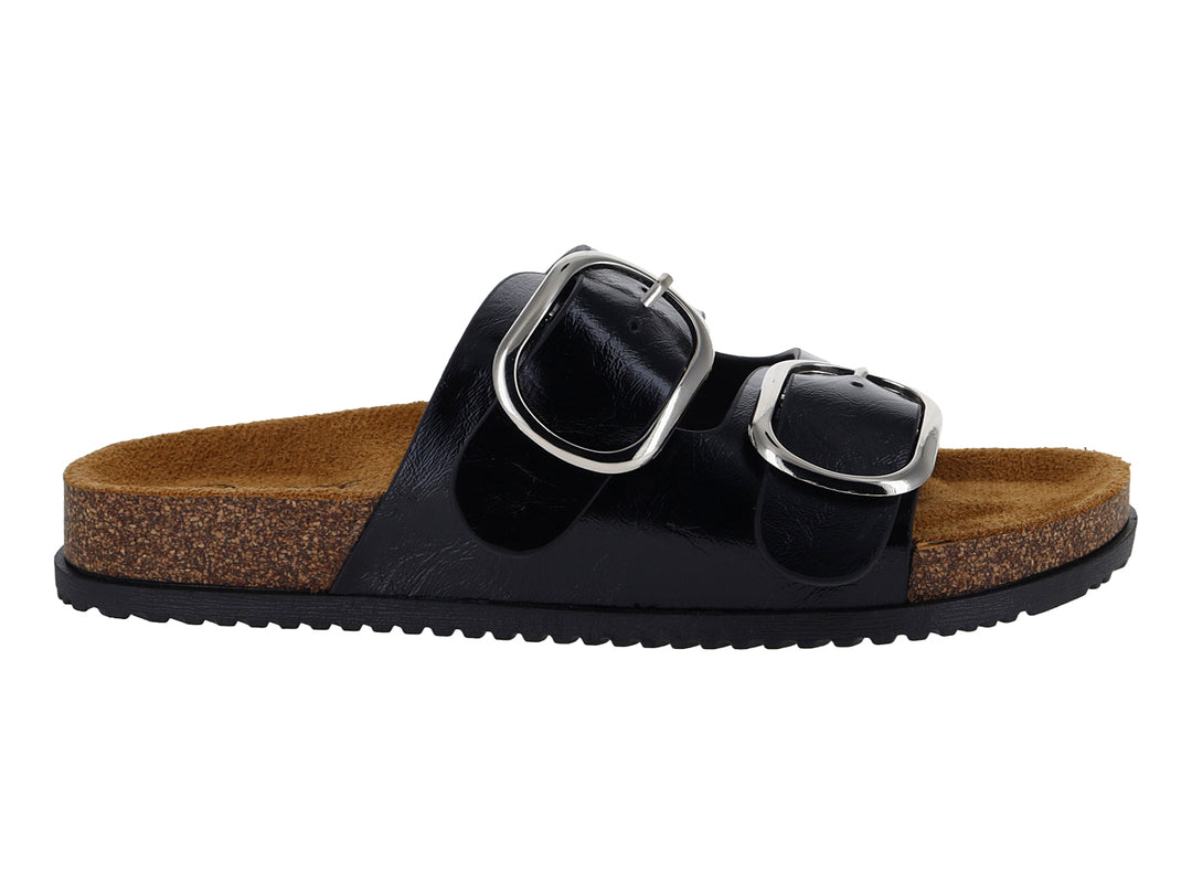 Sandalias negras con dos hebillas plateadas y suela de corcho marrón.
