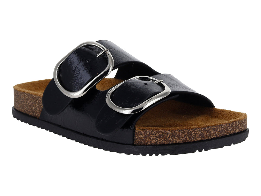 Sandalias negras con dos hebillas plateadas y suela de corcho marrón.