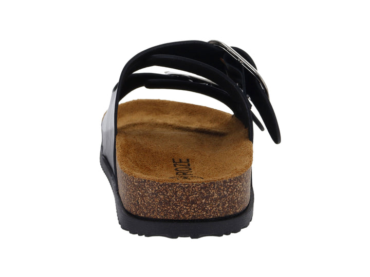 Sandalias negras con dos hebillas plateadas y suela de corcho marrón.
