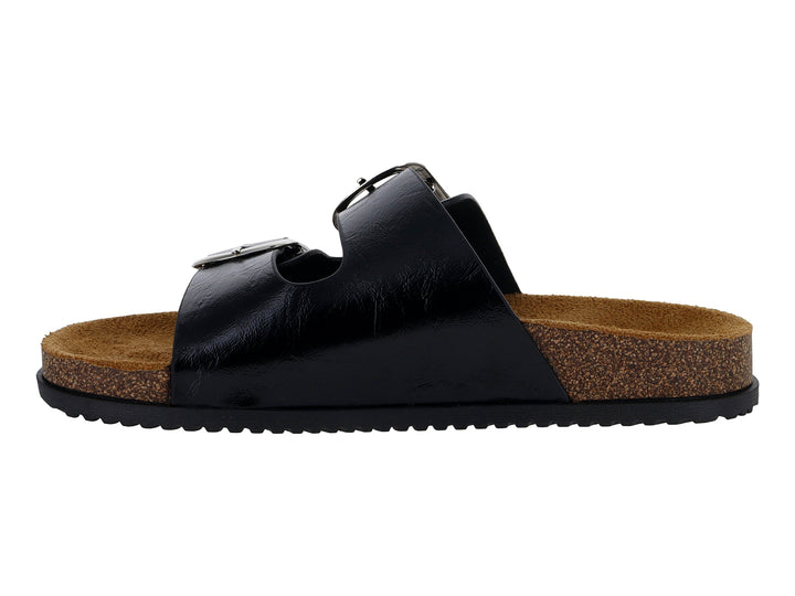 Sandalias negras con dos hebillas plateadas y suela de corcho marrón.