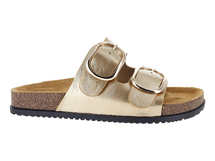 Sandalias color dorado con dos correas con hebillas y suela de corcho.