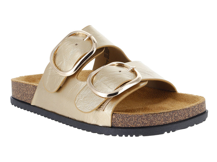 Sandalias color dorado con dos correas con hebillas y suela de corcho.