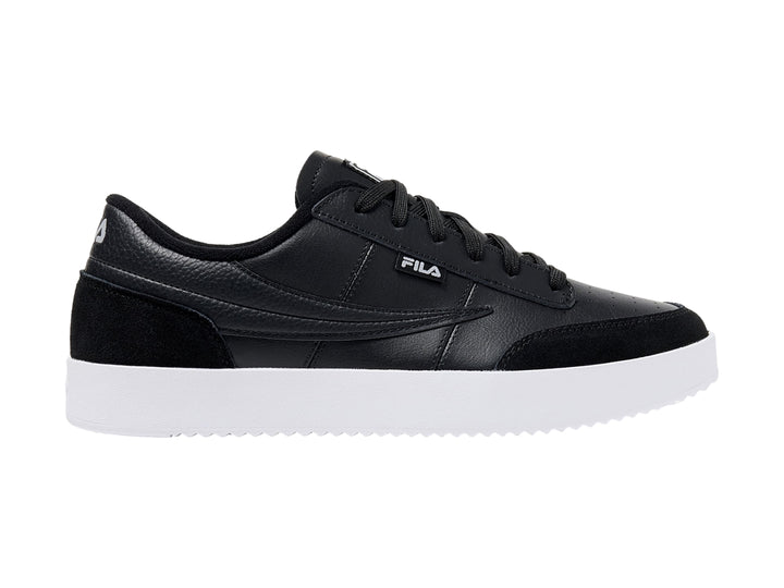Tenis FILA color negro con suela blanca y detalles en gamuza sintética.