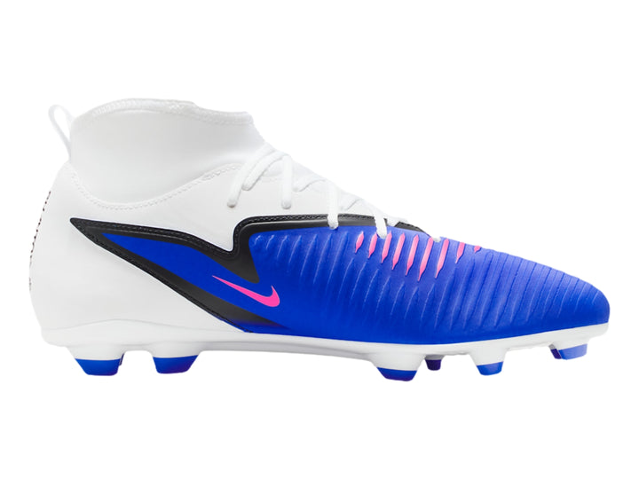 Zapato de fútbol Nike Phantom 6 High en colores blanco, azul y rosa con diseño de caña alta.