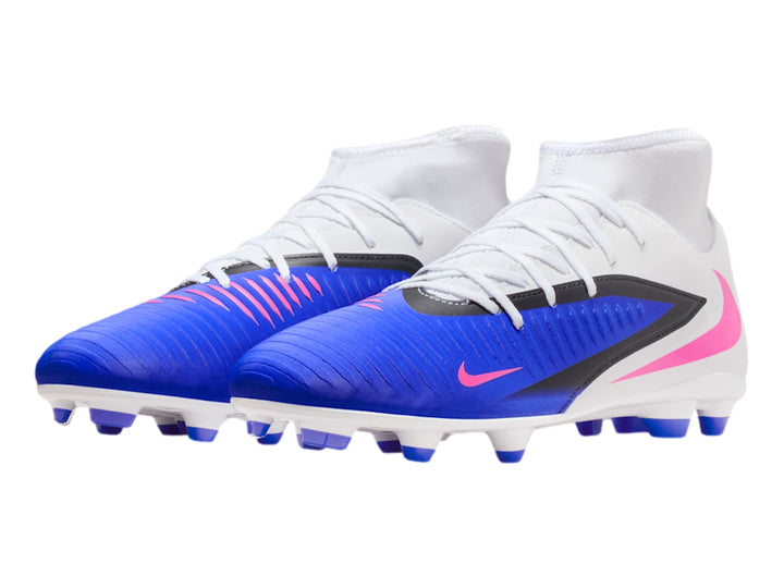Zapato de fútbol Nike Phantom 6 High en colores blanco, azul y rosa con diseño de caña alta.