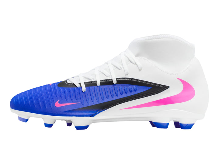 Zapato de fútbol Nike Phantom 6 High en colores blanco, azul y rosa con diseño de caña alta.