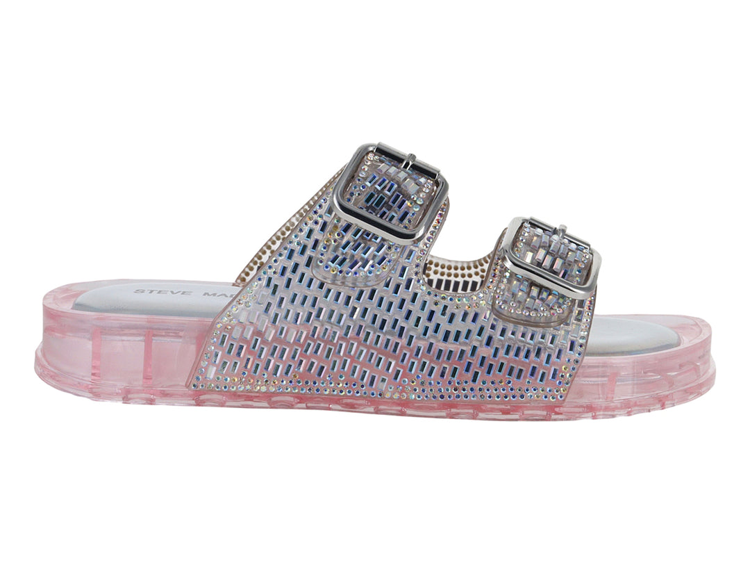 Sandalia Steve Madden JLolli con correas decoradas en brillantes y suela gruesa transparente en tono rosa.
