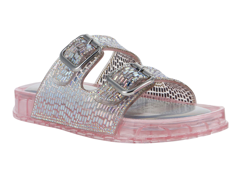 Sandalia Steve Madden JLolli con correas decoradas en brillantes y suela gruesa transparente en tono rosa.