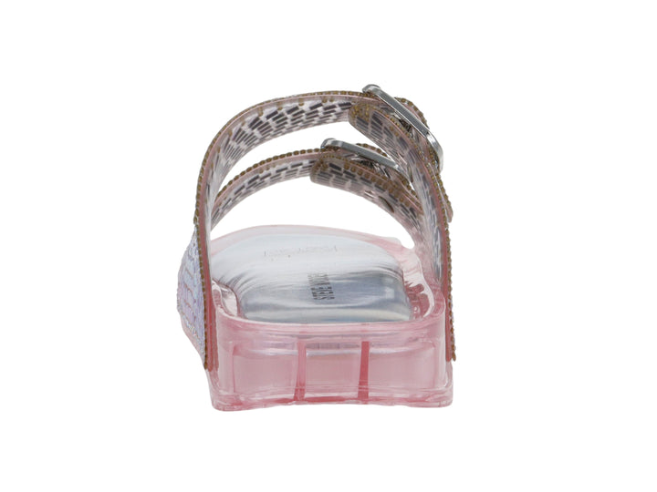 Sandalia Steve Madden JLolli con correas decoradas en brillantes y suela gruesa transparente en tono rosa.