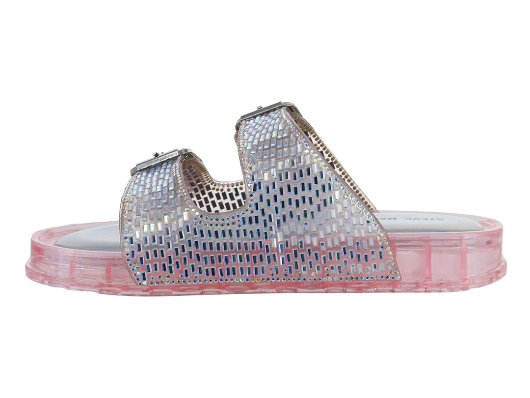 Sandalia Steve Madden JLolli con correas decoradas en brillantes y suela gruesa transparente en tono rosa.
